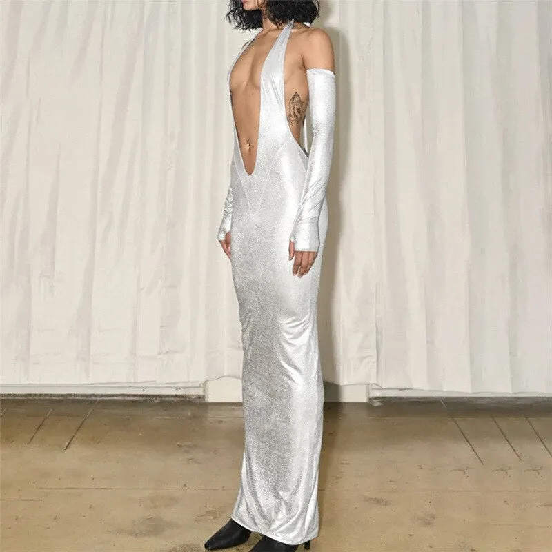 Shiny Deep V-neck Halter Maxi Dress Sexiest Women Bandage Backless With Separately Gloves Robe Femal Partywear Vestido
