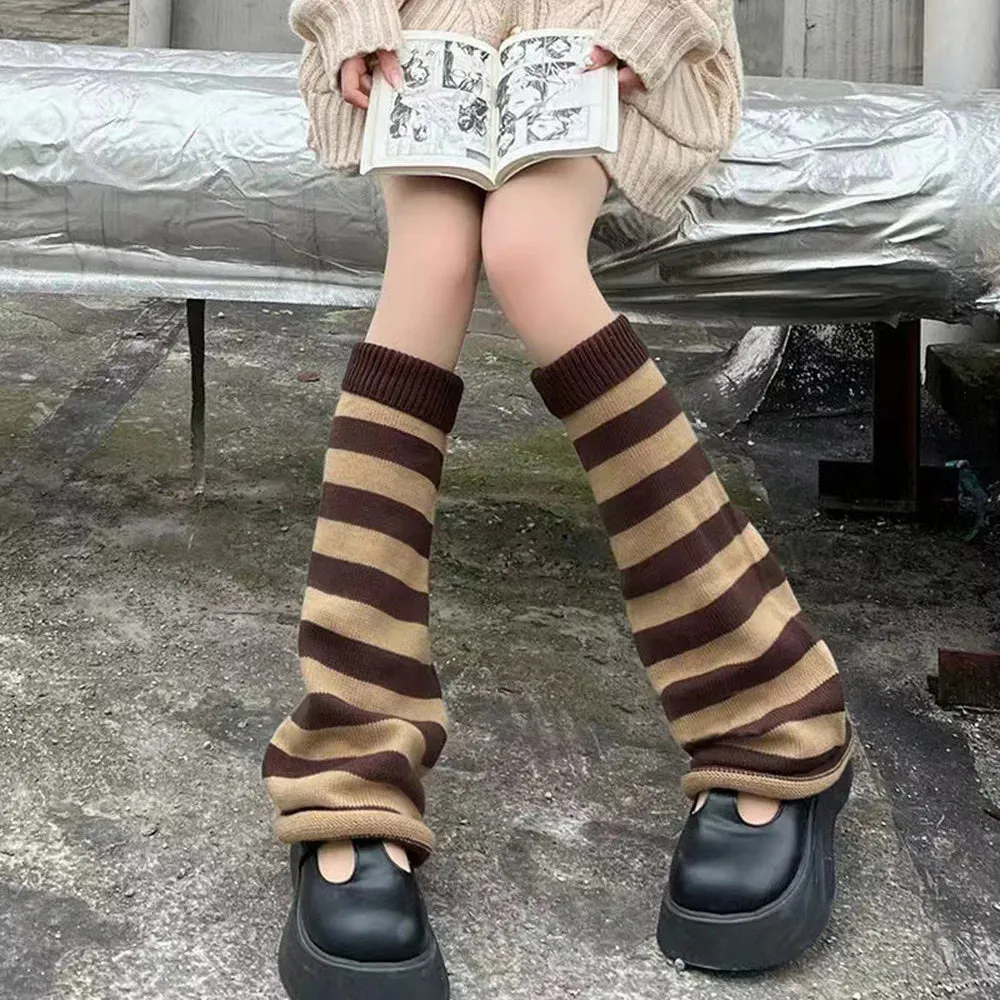 Sohiwoo Japanese Long Student Stripe Jk Lolita Kawaii Leg Cover Fashion Girls Loose Harajuku Y2k Cute Flared Knitted Leg Warmers
