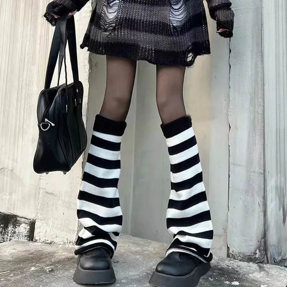 Sohiwoo Japanese Long Student Stripe Jk Lolita Kawaii Leg Cover Fashion Girls Loose Harajuku Y2k Cute Flared Knitted Leg Warmers