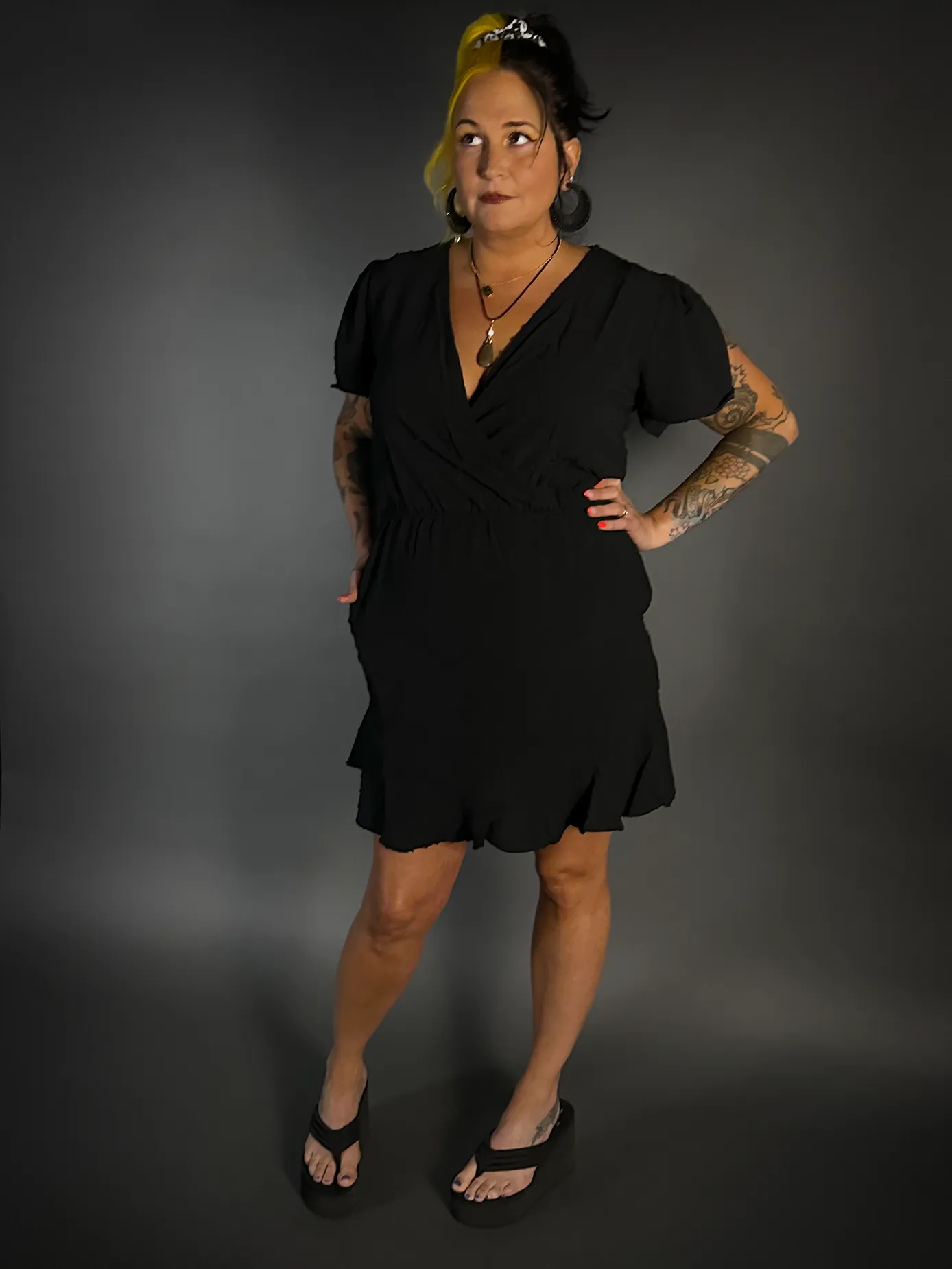 Split Flair Sleeve Deep V-neck Swiss Dot Mini Dress with Pockets