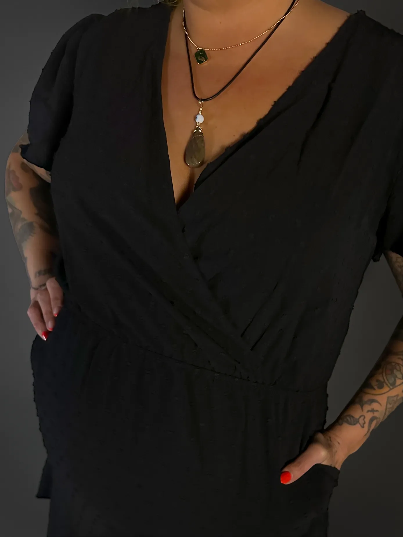 Split Flair Sleeve Deep V-neck Swiss Dot Mini Dress with Pockets