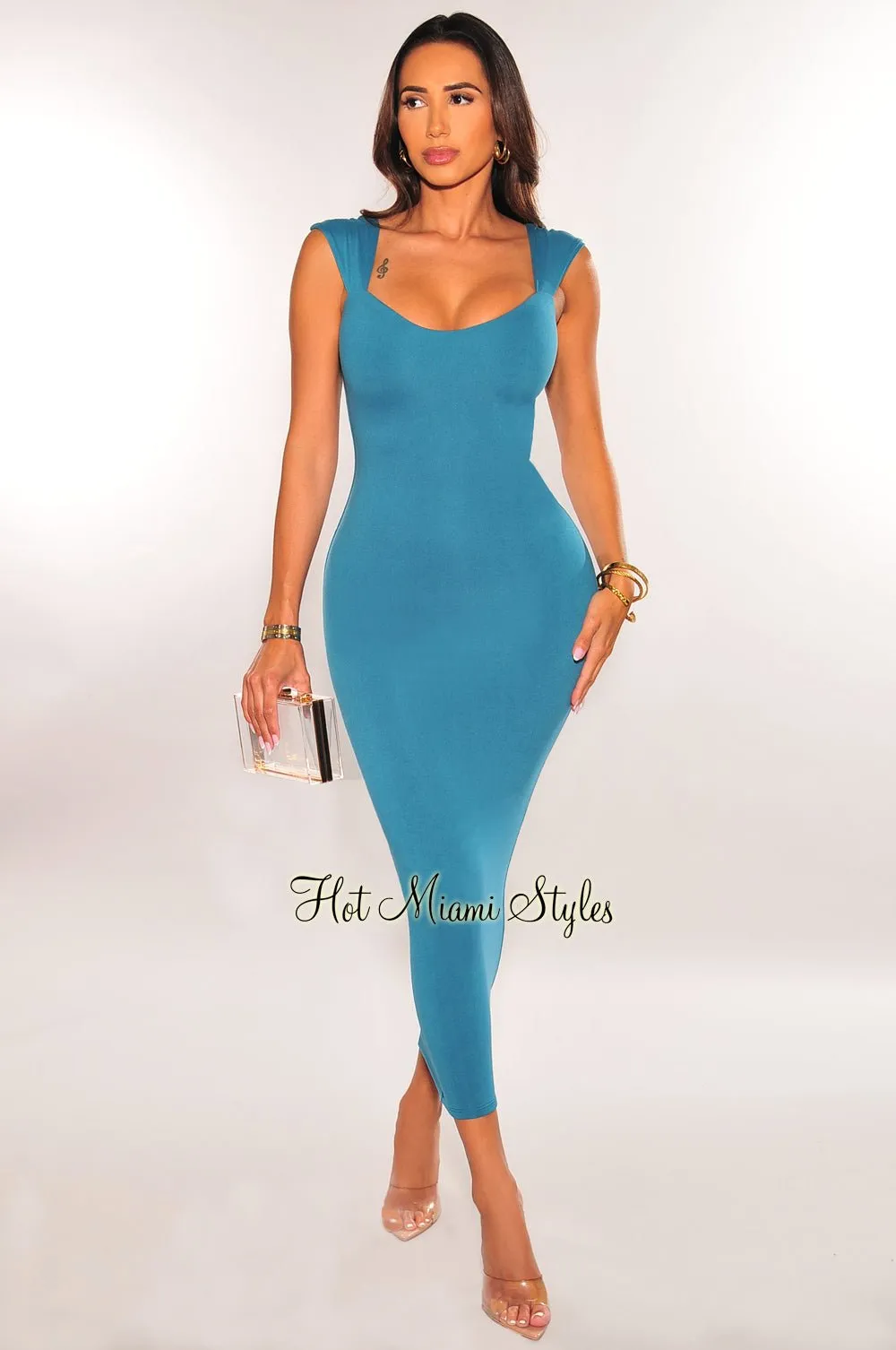 Teal Cap Sleeve Sweetheart Dress