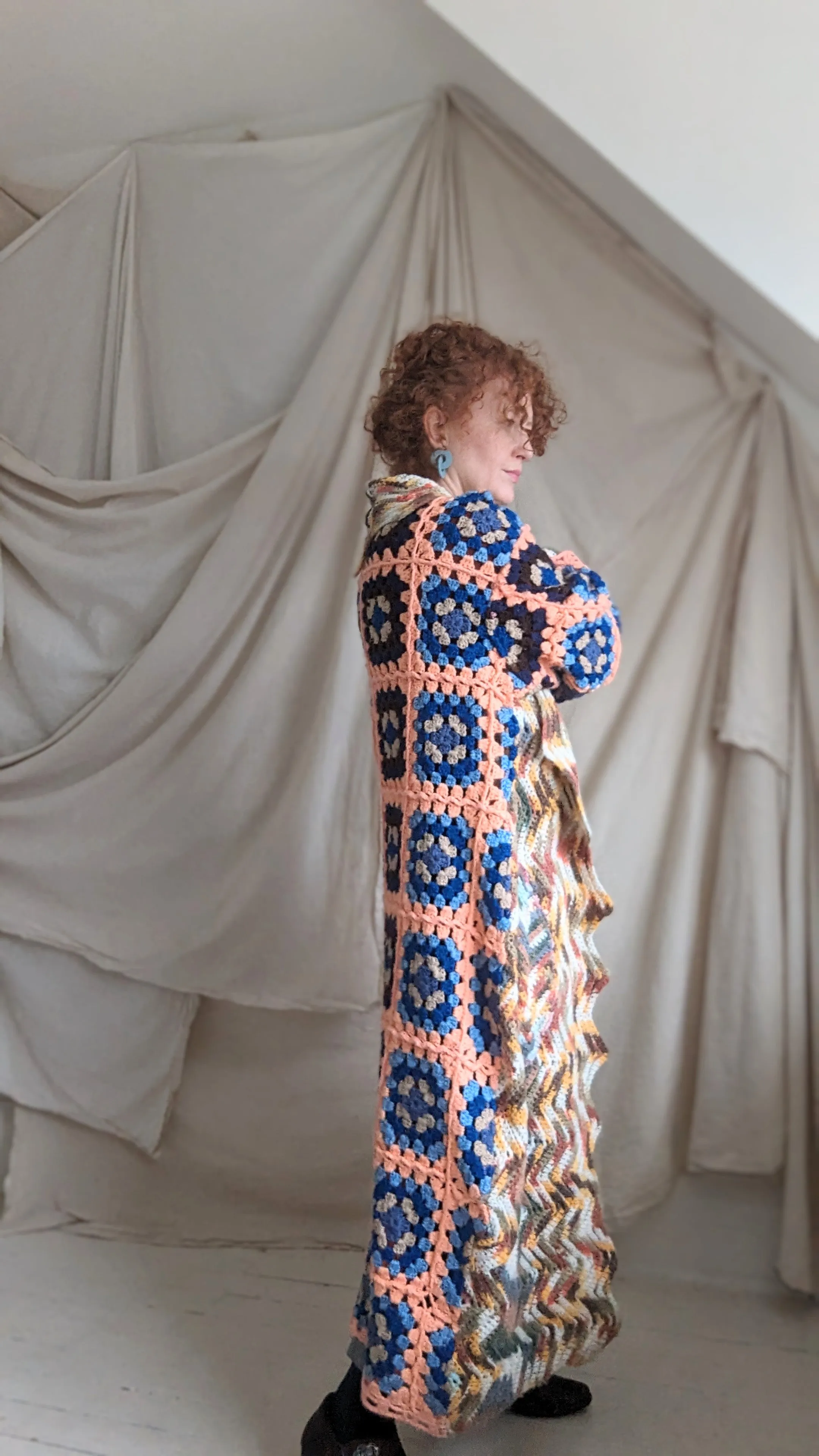 Vivianne Jacket with Vintage Granny Square Afghans Size M/L Tall #VIVA3