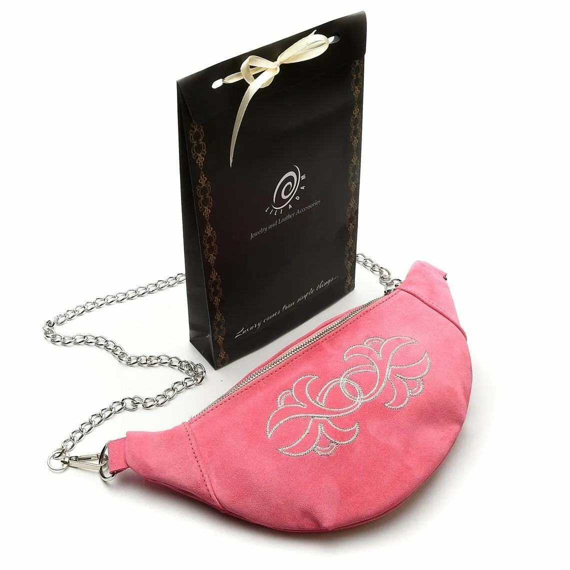 Women Suede Leather Adjustable Small Purse Handmade Pink Waist Bag